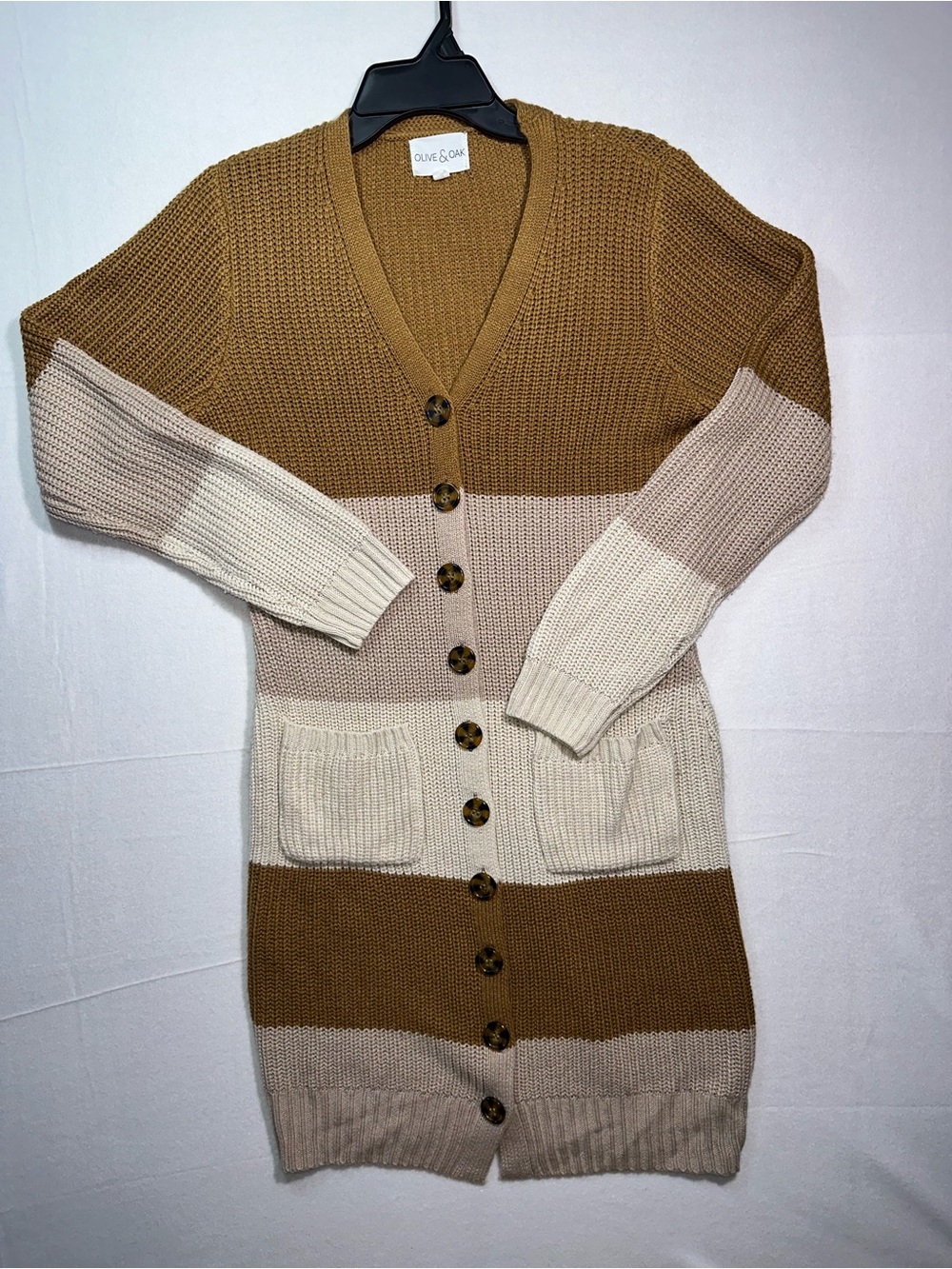 Olive & Oak Colorblock Long Cardigan Sweater Brown Cream Size L